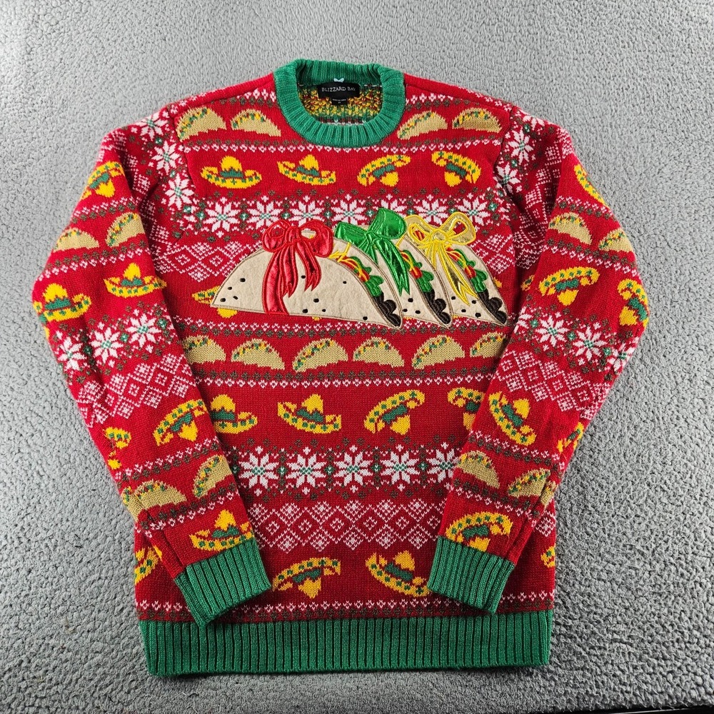 Ugly Christmas Sweater Small Red‎ Fair Isle Taco Fiesta Holiday Party Knit Tacky